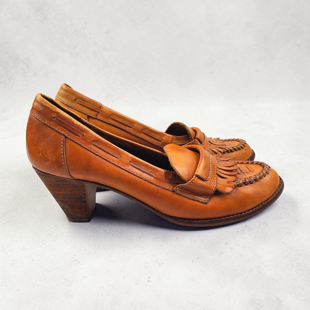 Flings Vintage Tan Leather Kiltie Fringe Heeled Loafer Pumps Size 9